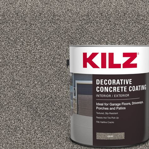 Breathe new life into your concrete surfaces with KILZ interior/exterior decorative concrete paint formulated for driveways, garage floors, pool decks, patios and porches. Easy to apply concrete paint fills in hairline cracks up to 1/8 inch and stands up to hot tires, dirt and grease. Slip resistant surface is ideal for pool decks and walkways. Important: the product must be applied with a 1/4 inch adhesive roller cover. One gallon covers about 50 sq.'. With 2 coats. Durable, protective finish enhances the look of concrete surfaces. Dries to the touch in 1 hour, recoat after 4 hours. KILZ Decorative Concrete Coating Gray Textured Slip-resistant Matte Interior/Exterior Porch and Floor paint (1-Gallon) | L378711 Concrete Repair Products, Paint Concrete Patio, Garage Storage Inspiration, Concrete Patio Makeover, Painting Cement, Concrete Paint, Porch Paint, Garage Floors, Painted Concrete Floors