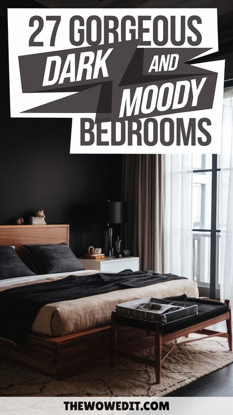 27 Gorgeous Dark Moody Bedrooms Dark Moody Bedroom Ideas, Dark Moody Bedroom, Moody Bedrooms, Dark And Moody Bedroom, Moody Bedroom Ideas, Dark Wood Furniture, Navy Walls, Sophisticated Bedroom, Moody Bedroom