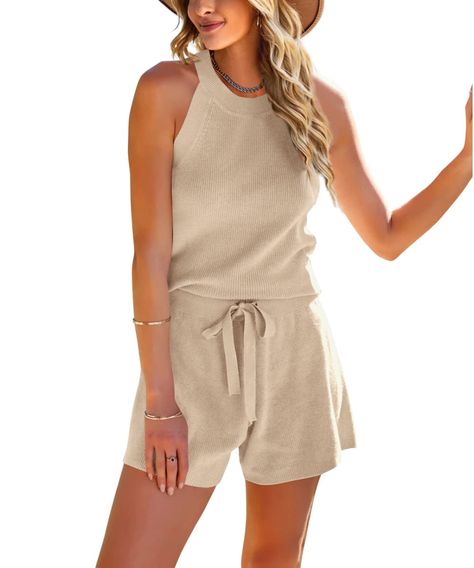 PRICES MAY VARY. These women's lounge set are knit, slight strtech and easy on the skin, will keep you from daily stresses and provide you a soft and comfortable. Top: sleeveless, halter neck, relaxing fit casual tank tops. Shorts: Tie knot front, Drawstring waist, plain color shorts for women and girl. The 2 piece shorts set is suit for casual, daily, shopping, beach, vacation, home wear, etc Machine washable, better hand wash in cold water; Do not bleach; Hang flat to dry. 2 Piece Women Lounge Womens Lounge Outfits, Retro Overalls, Jumpsuit Jeans, Knit Lounge Set, Womens Loungewear Sets, Linen Overalls, Tank Top Outfits, Overalls Pants, Jumpsuit Pattern