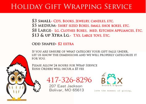 LE BOX BOUTIQUE 2010 HOLIDAY GIFT WRAPPING SERVICE, BOLIVAR, MO Gift Wrap Fundraiser, Christmas Fundraising Ideas, Dance Fundraisers, Creative Gift Baskets, Holiday Gift Wrapping, Gift Wrapping Techniques, Simple Gift Wrapping, Holiday Gift Wrap, Cricut Craft Room