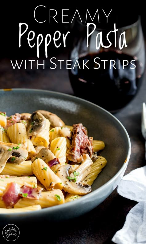 This creamy pepper pasta with steak strips is the ultimate comfort food recipe. Tender strips of beef cooked together with mushroom, red onion, cream and peppercorns to make a delicious sauce. It is so easy to make and comes together in under 20 minutes. You can use a cheaper cut of beef, such as flank or skirt steak, making it the perfect cost effective mid week meal. Plus it is so simple to adapt if you want to swap out the mushrooms and add in some bell peppers or broccoli. #pastarecipe Pasta With Steak, Steak Strips, Strip Steak Recipe, Skirt Steak Recipes, Easy Pasta Sauce, Resep Pasta, Steak Pasta, Beef Strips, Steak And Mushrooms