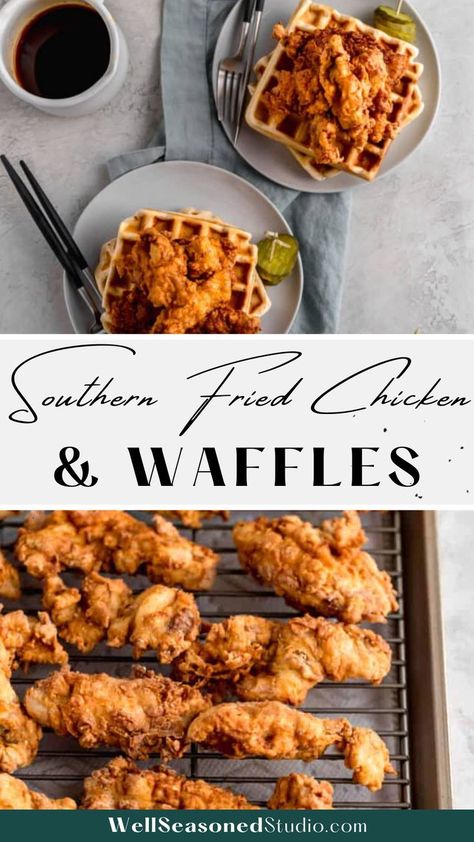 southern fried chicken and waffles Spicy Chicken And Waffles Recipe, Best Chicken And Waffles Recipe, Chicken And Waffles Recipe Easy, Chicken Waffles Recipe, Fried Chicken Waffles, Chicken And Waffles Recipe, Breakfast Waffle Recipes, Chicken N Waffles, Hosting Brunch