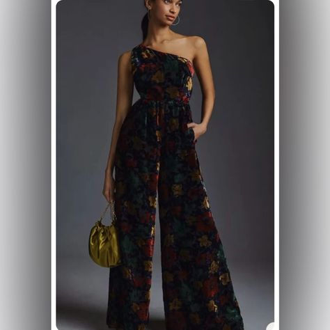 Hutch For Anthropologie One Shoulder Velvet Jumpsuit In A Size 4. Black With Beautiful Multi Colored Prints. Brand New With Tags! Velvet Jumper, Velvet Jumpsuit, Sequin Jumpsuit, Cropped Wide Leg Pants, Print Jumpsuit, Pink Jumpsuit, Wide Leg Linen Pants, Floral Romper, Sleeved Romper