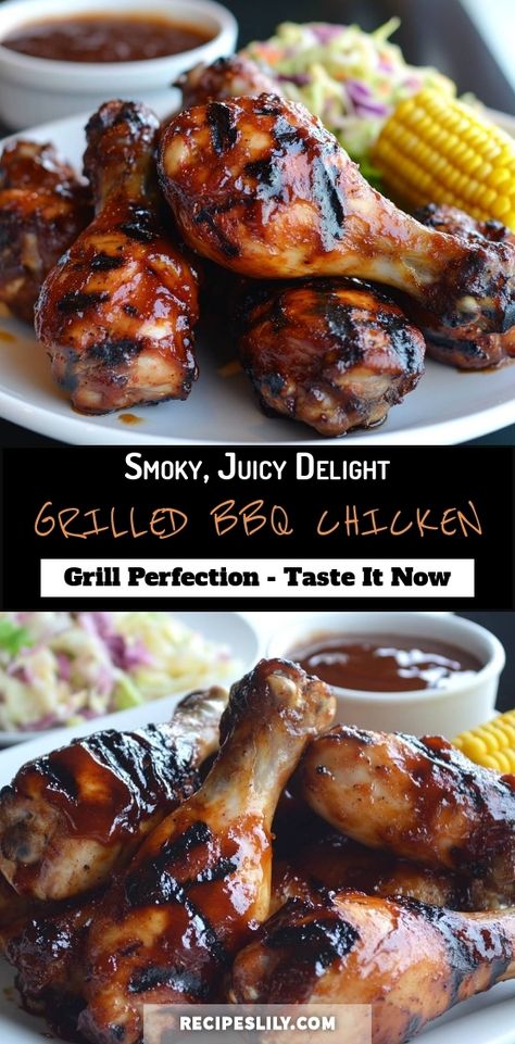 Looking for the perfect dish for your summer BBQ? Dive into the smoky, juicy goodness of my Grilled BBQ Chicken! Tender, flavorful drumsticks coated in the best BBQ sauce. Pair it with corn and coleslaw for the ultimate feast. Trust me, you won't want to miss this grilled perfection! Grilled Chicken Leg Quarters, Best Bbq Sauce, Bbq Grilled Chicken Recipes, Chicken Leg Quarter Recipes, Best Grilled Chicken Recipe, Grilled Chicken Legs, Bbq Sauce Chicken, Chicken Leg Quarters, Grilled Bbq Chicken