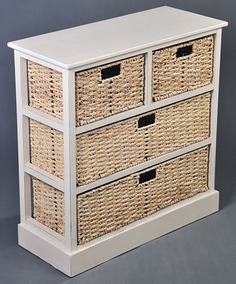 Antique cream 4 drawer storage unit Chic Farmhouse Bedroom, Woven Basket Decor, Ford Transit Camper, Basket Drawers, Transit Camper, Drawer Storage Unit, Kitchen Basket Storage, Wooden Console Table, Accent Chests And Cabinets