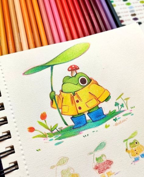 Traditional Illustration, Color Pencil Illustration, Frog Illustration, Frog Drawing, Yellow Raincoat, Frog Art, Cute Doodle Art, Dessin Adorable, Color Pencil Drawing