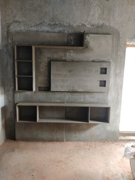 Cement Tv Cupboards, Tv Unit Design Cement Work, Tv Wall Design Cement Work, Tv Cupboard Design For Hall With Cement, Cement Cupboards In Hall, Tv Unit Design Modern With Cement, Cement Shelves Design, Tv Wall Design With Cement, Almirah Designs For Bedroom