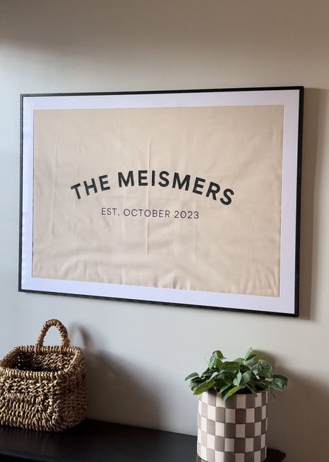 This flag is specific size made to fit a Target frame. The link to the frame is https://liketk.it/4FoNa Canvas fabric with black lettering  Please note: This flag will come with a raw hem, when you buy the frame, the matted backing will hide any frays.  This flag can be hung alone if preferred.  The dimensions of the flag are 24 x 36 inches Last Name Decor Ideas, Wedding Flags Outdoor, Last Name Wall Art, Last Name Home Decor, Canvas Banner Ideas, Last Name Wedding Signs, Wedding Sign Last Name, Last Name Wall Decor, Last Name Decor