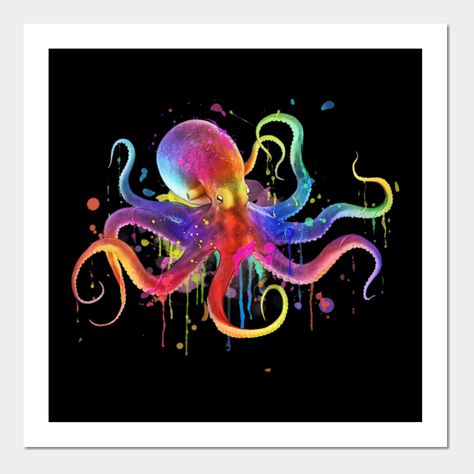 Rainbow Octopus, Art Octopus, Dark Painting, Octopus Painting, Dark Paintings, Jellyfish Art, Watercolor Fish, Octopus Art, Sea Side