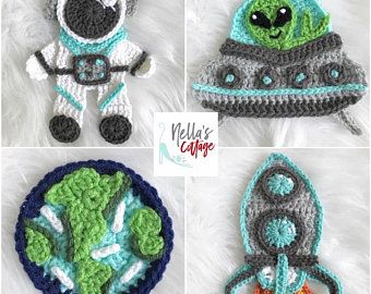 Outer Space Crochet, Space Crochet, Crochet Alien, Crochet Appliques, Applique Pattern, Crochet Applique, Applique Patterns, Baby Blanket Crochet, Crochet Motif