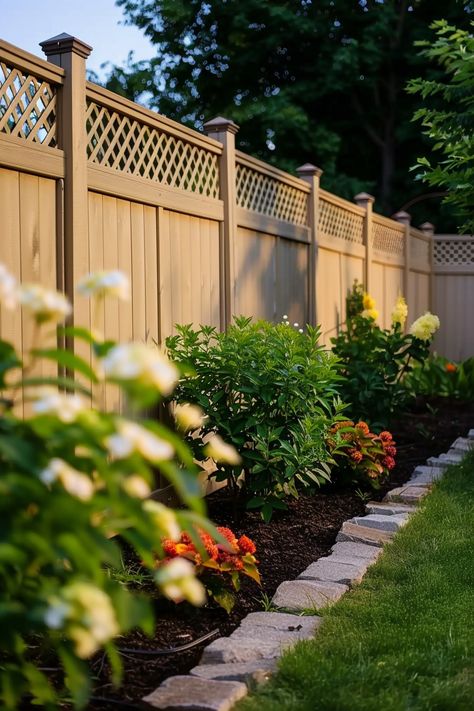 Backyard Fence Ideas: Privacy and Style - Quiet Minimal Plants By Fence Backyards, Vertical Wooden Fence, Fenceline Landscaping Ideas Privacy, 8ft Fence Ideas, Small Fence Front Yard, Private Fence Ideas Backyards, Back Fence Landscaping, Privacy Fence Ideas Front Yard, Privacy Fence Ideas On A Budget