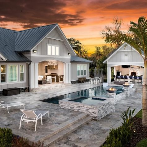 75 Stone and Rectangular Pool Ideas You'll Love - June, 2024 | Houzz Rectangular Pool Ideas, Costal Farmhouse, Modern Beach House Design, Pool With Pool House, Pool And Patio, Pool House Designs, Farmhouse Patio, Pool Remodel, Rectangular Pool