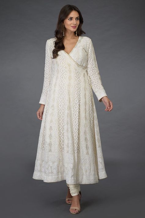 Ivory Chikankari with Kamdani Angrakha Suit Angrakha Kurta For Women, Banaras Dress, Ap Designs, Angrakha Suit, Angrakha Style Kurta, Angrakha Style Anarkali, Rajasthan Trip, Chikankari Dress, Mehndi Outfit