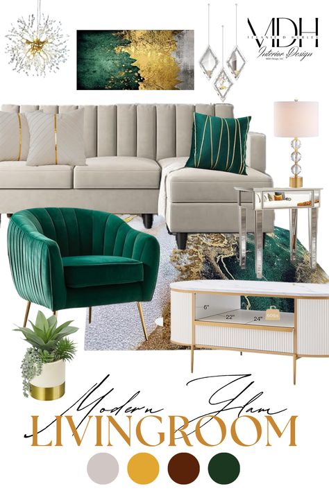 Glam Design Style Livingroom. Emerald Green Living Room, Gold Living Room Decor, Green Living Room Decor, Glam Design, Emerald Green And Gold, Apartment Decorating Living, Gold Living, Classy Living Room, Living Room Decor Gray