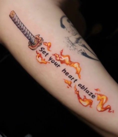 Rengoku Tattoo Set Your Heart Ablaze, Demon Slayer Hashira Tattoo, Rengoku Set Your Heart Ablaze Tattoo, Rengoku Tattoo Design, Demon Slayer Tattoo Rengoku, Sao Tattoo Ideas, Hashira Tattoo, Rengoku Tattoo Ideas, Set Your Heart Ablaze Tattoo