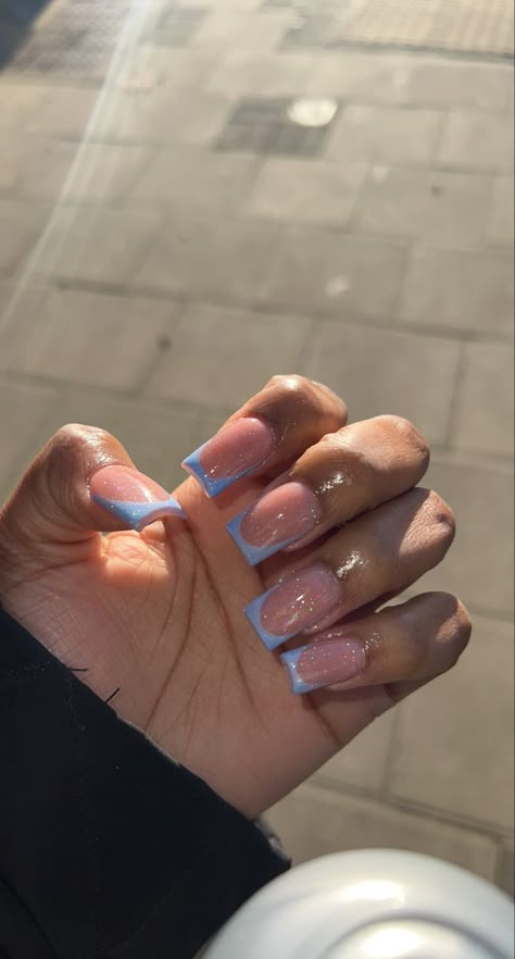 Short, medium acrylics, blue, french tip, glotter Short Acrylic Nails Baddie French Tip, Blue Frenchies Nails Short, Cute Blue Short Acrylic Nails, Trendy Nail Inspo Square Short, Blue French Tip Nails Black Women, Blue Simple Acrylic Nails, Short Square French Tip Acrylic Nails Color, Pink Nails With Blue Tips, French Tips Blue Nails