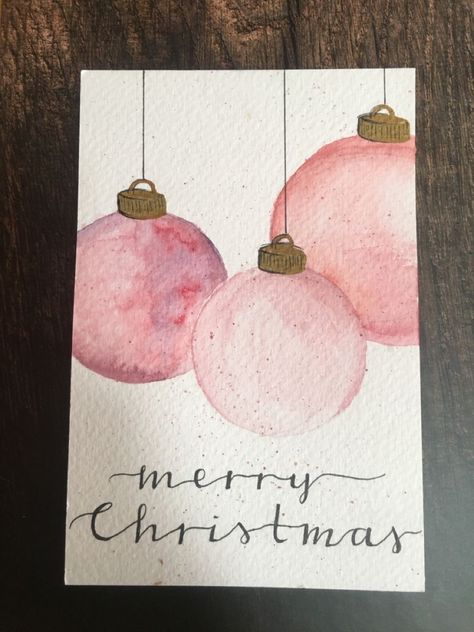 351912463393308-pin-image Merry christmas card with pink ornaments. | Sky Rye Design Cute Watercolour Christmas Cards, Christmas Cards Painted Watercolor, Christmas Cards Drawing Ideas, Watercolour Cards Christmas, Simple Watercolour Christmas Card Ideas, Handmade Christmas Cards Watercolor, Watercolor Diy Christmas Cards, Diy Christmas Card Watercolor, Pink Christmas Card Ideas