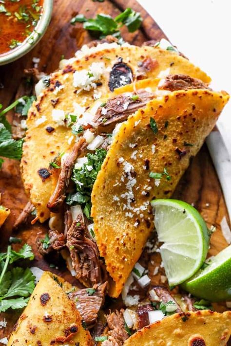 Birria Tacos are made with tender beef, a rich adobo sauce, cheese, and corn tortillas! Once pan-fried to cheesy crisp perfection, these quesatacos are broth dipped for a flavorful experience! #tacos #birria #birriatacos #beef #lamb #tacos #quesatacos Barrio Tacos, Best Tacos Ever, Lamb Tacos, Taco Recipes Mexican, Ketosis Diet Recipes, Fried Tacos, The Best Tacos, Corn Taco, Best Tacos