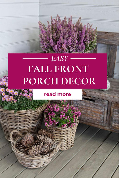 Easy fall front porch decor ideas to pull your front porch together and create a warm and welcoming entry. Simple Fall Front Porch, Mum Planters, Purple Mums, Fall Front Porch Decor Ideas, Grass Wreath, Front Porch Decor Ideas, Minimalist Halloween, Large Pumpkins, White Pillar Candles