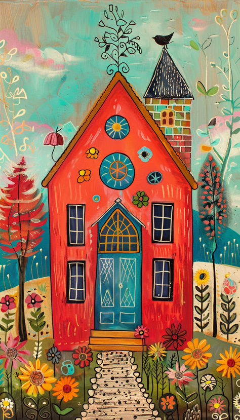 Back to school inspo - sweet little folk art style red school house Folk Art House, Folk House, Red School House, Contemporary Folk Art, Arte Folk, Art 2024, School House, Craft Classes, Butterfly Painting