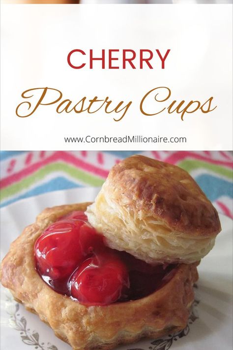 Cherry Pastry Cups are flaky puff pastry shells filled with sweetened cherry pie filling. If desired, top with a generous scoop of whipped cream.   Easy to make with a few ingredients. Cherry Pastry, Baked Puff Pastry, Pastry Cups, Cherry Recipes Dessert, Puff Pastry Shells, Puff Pastry Filling, Cherry Filling, Southern Desserts, Cherry Desserts