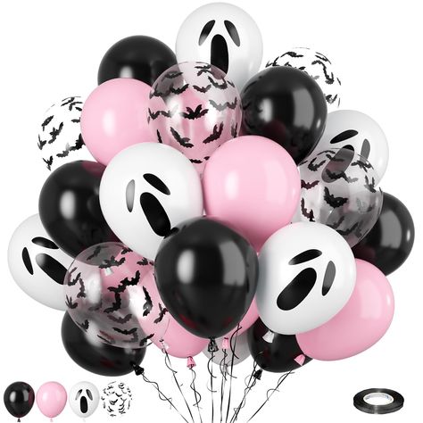 PRICES MAY VARY. WHAT YOU GET - This pink halloween balloon set includes 60pcs 12-inch balloons. You will receive 22 x macaron pink balloons, 22 x black balloons, 10 x white ghost printed balloon balloons, 6 x bat confetti balloons with 10m black ribbon. With a size of 12 inches, they are the perfect addition to your Halloween decorating needs, creating a wonderful and memorable Halloween scene for your family and children. HIGH QUALITY LATEX MATERIAL - Our pink and black balloons are made of pr Cute Halloween Party, Pink And Black Halloween Decor, Pink Halloween Birthday Party, Black And Pink Birthday Theme, Pink Halloween Party, Pink Halloween Decor, Halloween Birthday Decorations, Pink Birthday Theme, Black And Gold Balloons