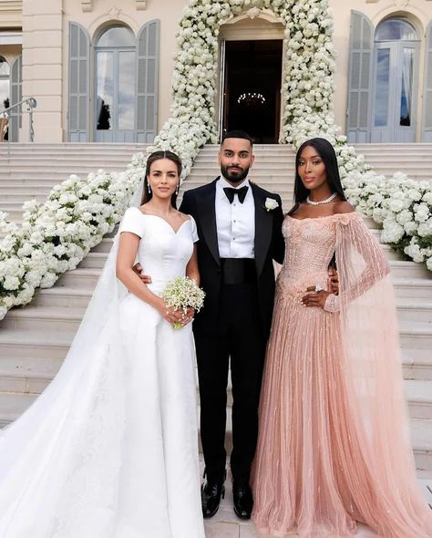 W MAGAZINE: The bride, Nada Adelle and the groom, (PrettyLittleThing mogul) Umar Kamani with Naomi Campbell. Nada Adelle, Dior Wedding Dresses, Tom Ford Tuxedo, Dior Gown, Christina Milian, Maria Grazia Chiuri, Lace Veils, White Gowns, Naomi Campbell