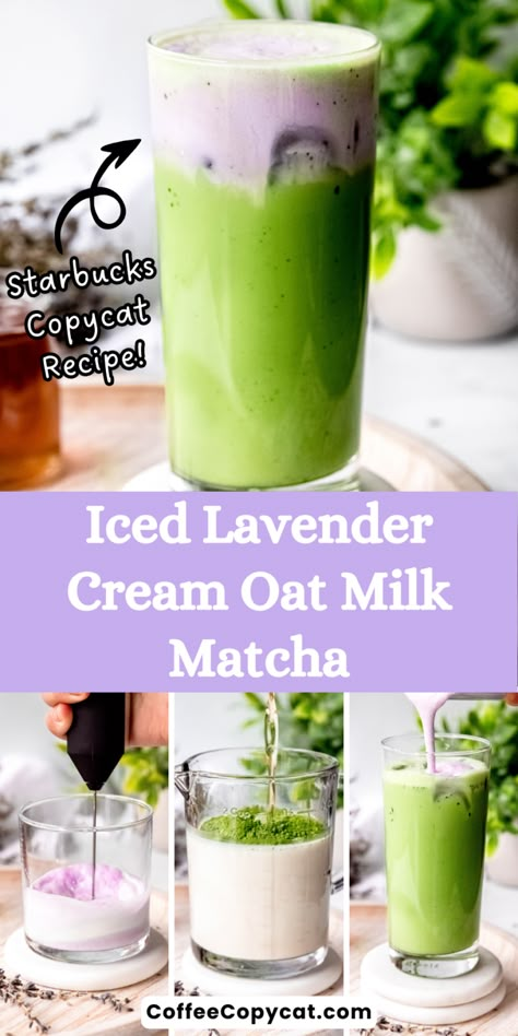 Iced Lavender Cream Oat Milk Matcha (Starbucks Copycat) - coffeecopycat.com Matcha Oat Milk, Starbucks Matcha Green Tea, Matcha Latte Starbucks, Matcha Starbucks, Lavender Matcha, Lavender Drink, Matcha Drink Recipes, Matcha Green Tea Recipes, Starbucks Matcha