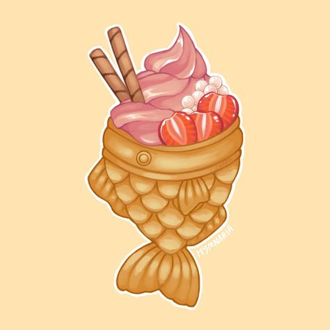 strawberry taiyaki ice cream! I'm a fraud tho I've had taiyaki alone and soft serve alone but never together - - - - - #taiyaki #icecream… Fish Ice Cream Drawing, Taiyaki Ice Cream Drawing, Taiyaki Tattoo, Taiyaki Aesthetic, Taiyaki Drawing, Cute Ice Cream Drawing, Ice Cream Outline, Taiyaki Ice Cream, Ice Cream Drawing