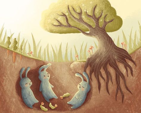 Louise R-S | Illustrator on Instagram: “As the evening sun began to set over the burrow, it was almost time for the 3 little rabbits to wake up and begin their day ☀️ .…” Rabbit Burrow Illustration, Bunny Burrow Illustration, Burrow Illustration, Bunny Burrow, The Burrow, Evening Sun, Book Illustration Art, Children Book, Illustrators On Instagram