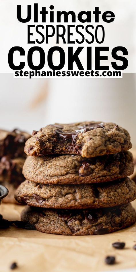 These espresso chocolate chip cookies are chewy cookies with crisp edges. They use brown butter espresso which gives them a light coffee flavor mixed with chocolate chips. Espresso Chocolate Chip Cookies, Chocolate Espresso Cookies, Espresso Cookies, Espresso Cookie, Lost 100 Pounds, Coffee Cookies, Chocolate Espresso, Think Food, Chewy Cookie