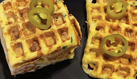 Cheddar Jalapeño Cornbread Waffles, Jalapeno Cornbread Waffles, Cornbread Waffles And Chili, Jalapeño Cheddar Cornbread, Healthy Pancakes Easy, Cornmeal Waffles, Bacon Cornbread, Cornbread Waffles, Jalapeno Cheddar Cornbread