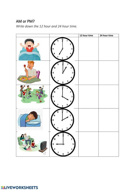 AM-PM and the 24 hours time worksheet Am And Pm Worksheets, Time Worksheets Grade 2, Unit Of Time, Telling Time Worksheets, Time Worksheets, 2nd Grade Worksheets, Activities For Children, English As A Second Language (esl), Time Activities