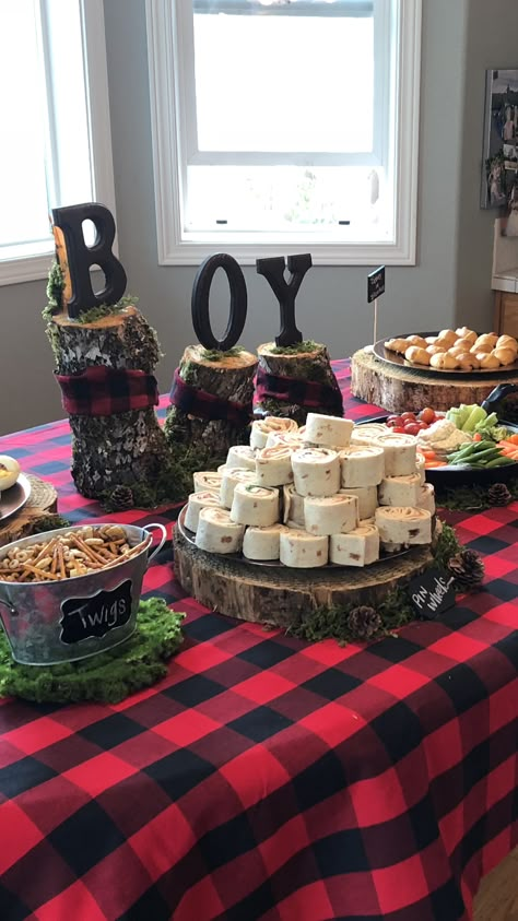 Carhartt Baby Shower Ideas, Plaid Baby Shower Ideas Boys, Buffalo Baby Shower Ideas, Woodland Boy Baby Shower Ideas, Lumberjack Baby Shower Theme Food, Buffalo Plaid Baby Shower Ideas For Boys, Little Camper Baby Shower Ideas, Moose Themed Baby Shower Ideas, Forest Baby Shower Theme Boys