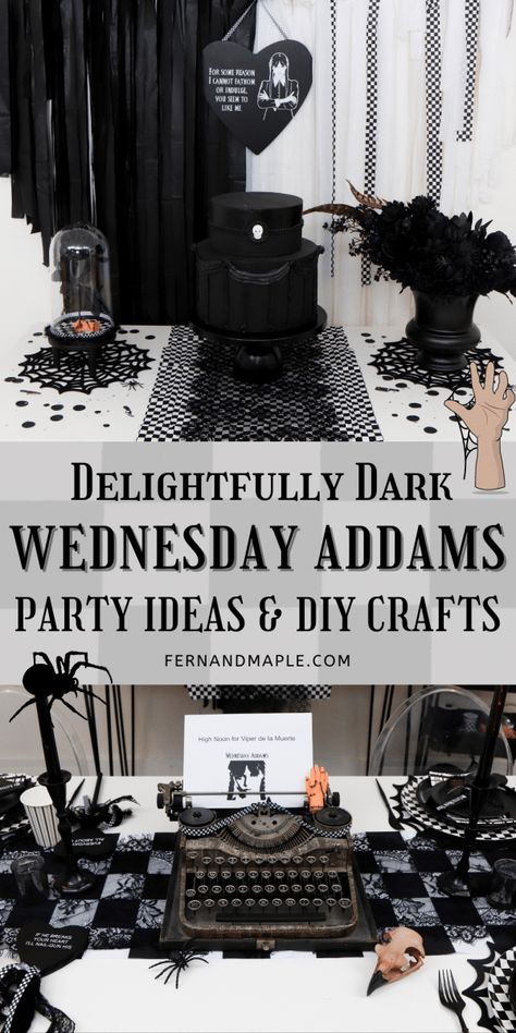 Addams Family Table Decor, Wednesday Adam Theme Party, Wednesday Table Decorations, The Addams Family Party Ideas, Wednesday Halloween Decorations, Wednesday Craft Ideas, Wednesday Halloween Party, Wednesday Addams Halloween Party, Wednesday Addams Treat Table