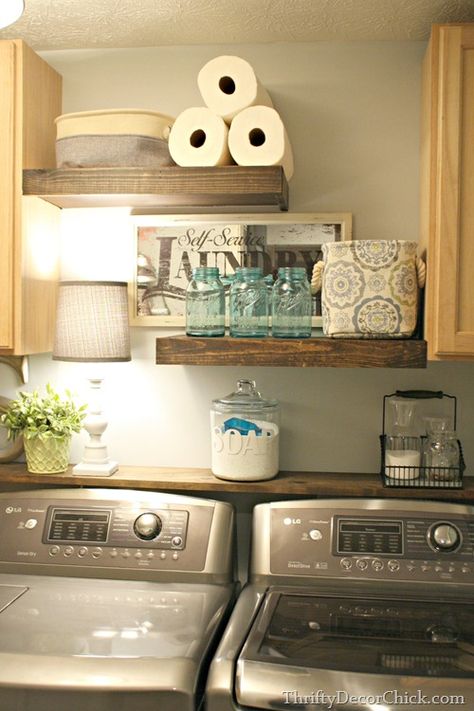 DIY floating shelves in laundry #laundryroom #laundry #laundryroomdecor #laundryservice Rooms Organization, Apartment Laundry, Laundry Room Storage Shelves, Laundry Shelves, Small Laundry Room Organization, Tiny Laundry Rooms, Room Storage Diy, Organization Closet, Basement Laundry Room