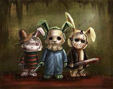 Easter bunnies gone bad its very ironic and funny because easter bunnies are supported to be nice. Halloween Kunst, Slasher Film, Halloween Artwork, Creepy Art, Creepy Cute, Gothic Art, Halloween Prints, Pics Art, Halloween Horror