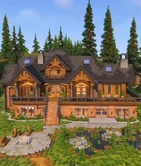 Minecraft Tall House Ideas, Minecraft Exterior Design House, Minecraft Farmhouse Mansion, Big Minecraft Base Ideas, Old Growth Taiga House Minecraft, Minecraft Estate House, Minecraft Lodge House, Minecraft Spruce Mansion, Minecraft Wood Mansion