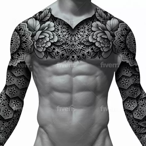 I will create sleeve tattoo design in geometric style Geometric Tattoo Design Chest, Geometric Crown Tattoo, Back Geometric Tattoo, Geometric Blackwork Tattoo, Full Chest Tattoo Men Ideas Unique, Geometric Chest Tattoo Men, Geometric Shoulder Tattoo, Dark Mandala Tattoo, Geometric Chest Tattoo