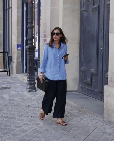 13 Ways To Style A Denim Shirt | Le Chic Street Ladies Denim Shirt Outfit, Black Denim Trousers Outfit, Blue Linen Shirt Outfit Women Summer, Linen And Denim Outfits, Open Denim Shirt Outfit, Light Denim Shirt Outfit Women, Blue Chambray Shirt Outfit, Denim Shirt Outfit Women 2023, Jean Shirt Outfits For Women 2023