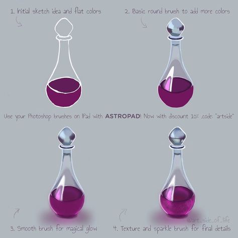 Bottle Drawing Tutorial, Potion Reference, Something Purple, Transfer Art, Cartoon Ideas, Bottle Drawing, Study Art, Drawing Tutorial Face, Digital Painting Techniques