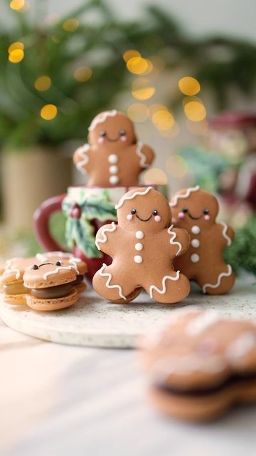 Mei Yee on Instagram: "Gingerbread Man Macarons 🎄 With Chocolate ganache and caramel filling @naturescharm Ingredients Ingredients 50g reduced aquafaba *refrigerated overnight 1g cream of tartar 38g superfine sugar 85g powdered sugar 60g almond flour Filling Coconut salted caramel sauce @naturescharm Chocolate ganache 200g dark chocolate 100g coconut whipping cream @naturescharm 1/2 tsp vanilla extract Heat the coconut cream in a saucepan. Pour the hot cream over the dark chocolate and mix until smooth. Place plastic wrap over it so it is touching the surface of the ganache or place it directly into a disposable piping bag. Place ganache in the fridge until needed. Make the macaron Combine the powdered sugar and almond meal and place in a food processor. Blend to achie Ginger Bread Macarons, Gingerbread Ganache, Gingerbread Macarons, Cibo Aesthetic, Christmas Macarons, Caramel Filling, Dnd Inspiration, Almond Meal, Macaroon Recipes