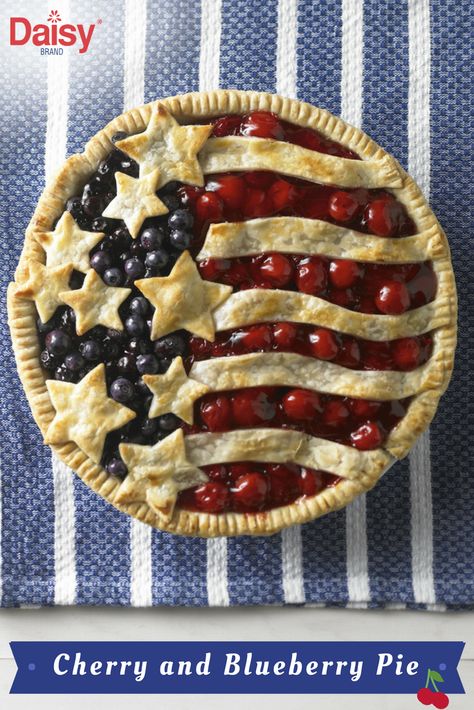 This festive Cherry and Blueberry Pie is the perfect patriotic dessert for the 4th of July. Hangout Place, Fruit Kabob, Pizza Fruit, Daisy Sour Cream, Daisy Brand, Canning Cherry Pie Filling, Patriotic Food, Patriotic Desserts, 4th Of July Desserts