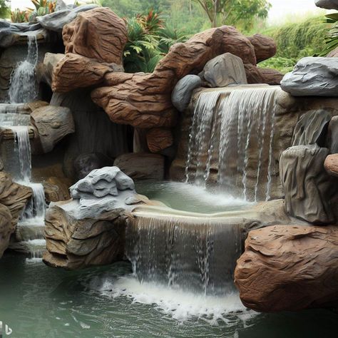 Fake Waterfall, Fake Landscape Rocks, Waterfall Decoration, Waterfall Building, Artificial Rocks, Fake Rock, Rock Waterfall, Small Front Yard Landscaping, Garden Waterfall