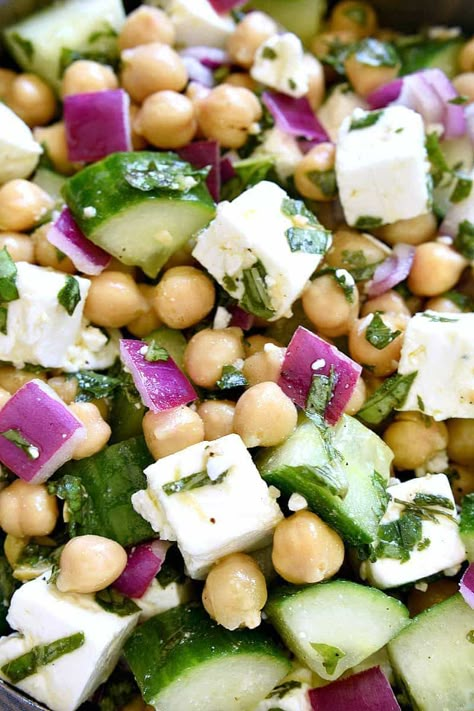 This Chickpea Cucumber Feta Salad has ALL the best flavors! Loaded with chickpeas, cucumbers, red onions, feta cheese, and fresh basil....this salad is so easy to make and is the perfect side dish for any meal! Chickpea Cucumber Feta Salad, Chickpea Cucumber, Chickpea Feta Salad, Feta Orzo, Cucumber Feta Salad, Lemon Tree Dwelling, Salad With Chickpeas, Lean Meats, Salad With Feta