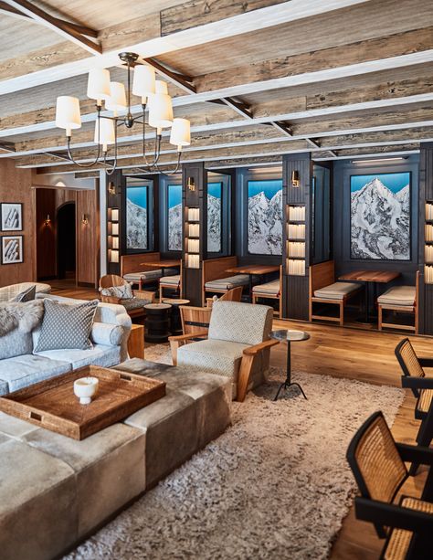 At Madeline Hotel & Residences in Telluride, contemporary yet rustic mountain interiors match the majestic alpine landscape of America’s best mountain town, welcoming guests to relax and unwind after the day’s adventures. #AlwaysAuberge Hotel Lodge Design, Mountain Hotel Lobby, Luxury Hotel Interior Design, Rustic Hotel Lobby, Mountain Hotel Room, Mountain Hotel Design, Modern Ski Lodge, Ski Lodge Aesthetic, Rustic Hotel