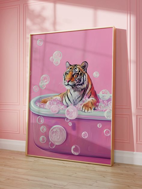 Dopamine Bathroom Printable Wall Art, Tiger in A Bathtub Maximalist Painting, Vertical Bright Pastel Pink Preppy Poster, Trendy Girly Decor - Etsy Barbie Pink Bathroom Decor, Tiger Bathroom Decor, Bathroom Art Decor Ideas, Pink Maximalist Bathroom, Eccentric Bathroom Decor, Pink Bathroom Art, Girly Apartment Decor Bathroom, Girly Bathroom Decor Ideas, Maximalist Art Print