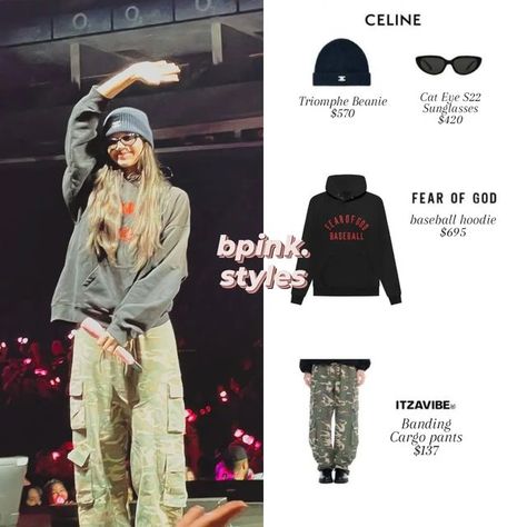 . on Instagram: "#LISA AT SOUNDCHECK IN LONDON DAY 2 @CELINE TRIOMPHE BEANIE @CELINE CAT EYE SUNGLASSES @fearofgod baseball hoodie @itzavibeofficial banding cargo pants" Blackpink Lisa Style Outfits, Lisa Style Blackpink, Blackpink Outfits Concert, Lisa Blackpink Outfit, Swedish Aesthetic, Lisa Style, Blackpink Outfits, Beanie Outfit, Korean Fits