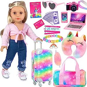 K.T. Fancy 23 PCS 18 Inch Girl Doll Accessories Suitcase Luggage Travel Set Including Rainbow Suitcase Rainbow Bag Camera Computer Cell Phone Neck Pillow Eye Mask Glasses Gift for Christmas Doll Suitcase, Rainbow Bag, Our Generation Dolls, Flamingo Pattern, Baby Doll Clothes, Accessories Packing, Travel Set, Neck Pillow, Barbie And Ken