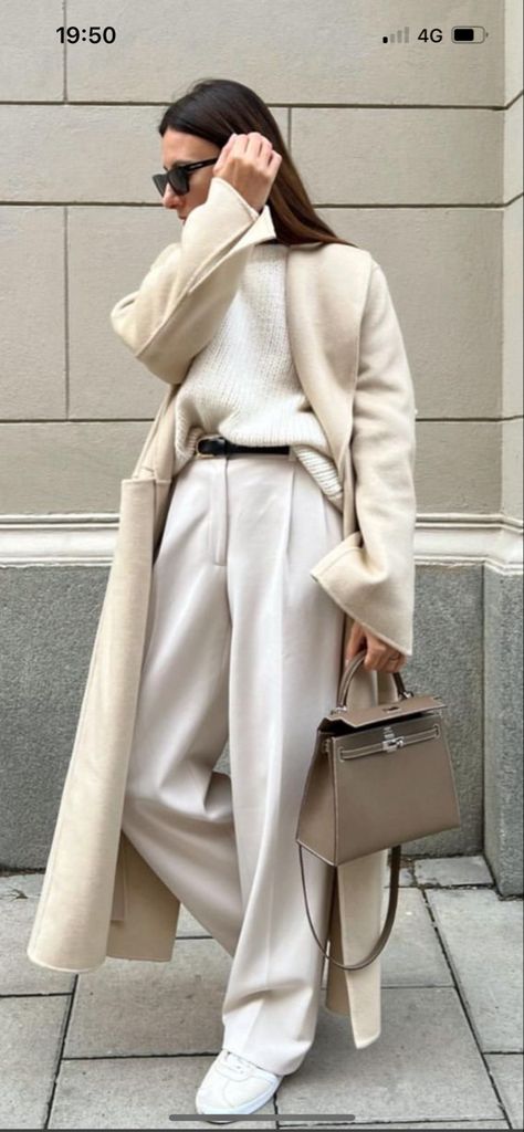 Tonal Winter Outfit, Monochrome Cream Outfit, Winter White Trousers Outfit, All Cream Outfits For Women, Cream Pants Winter Outfit, Ivory Coat Outfit, Cream Knit Sweater Outfit, Ivory Pants Outfit, Longline Coat Outfits